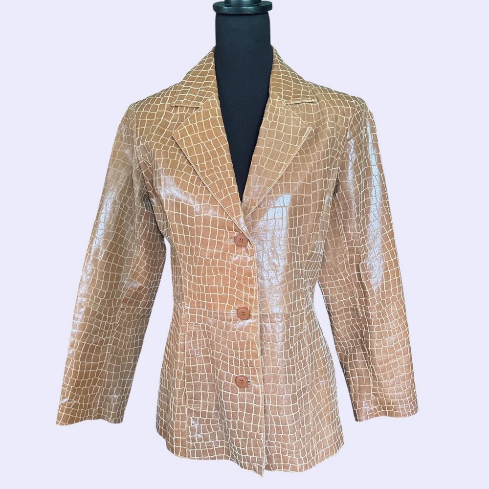 Dialogue Tan Embossed Crocodile Leather Button Front Blazer, Jacket, Small